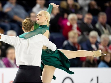 Canada's Haley Sales and Nikolas Wamsteeker perform their rhythm dance at the 2018 Skate Canada International ISU Grand Prix event in Laval, Quebec, October 26, 2018.