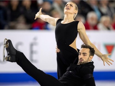 Olivia Smart and Adrian Diaz of Spain perform their rhythm dance at the 2018 Skate Canada International ISU Grand Prix event in Laval, Quebec, October 26, 2018.