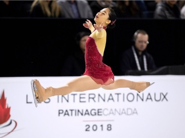 Mako Yamashita of Japan performs her rhythm dance at the 2018 Skate Canada International ISU Grand Prix event in Laval, Quebec, October 26, 2018.