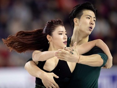 Shiyue Wang and Xinyu Liu of China perform their free dance at the 2018 Skate Canada International ISU Grand Prix event in Laval on Saturday, Oct. 27, 2018.