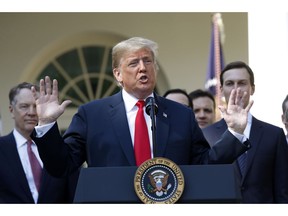 President Donald Trump speaks as he announces a revamped North American free trade deal, in the Rose Garden of the White House in Washington, Monday, Oct. 1, 2018. The new deal, reached just before a midnight deadline imposed by the U.S., will be called the United States-Mexico-Canada Agreement, or USMCA. It replaces the 24-year-old North American Free Trade Agreement, which President Donald Trump had called a job-killing disaster.