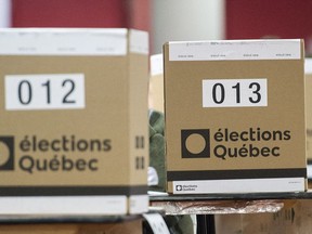 Ballot boxes are shown at a polling station in Montreal, Monday, October 1, 2018, on election day in Quebec.