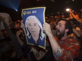 Supporters of Quebec Solidaire react as they watch election results at the headquarters of Manon Masse in Montreal on Monday, October 1, 2018