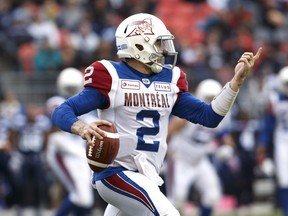 Montreal Alouettes quarterback Johnny Manziel carries the ball during first half against the Argonauts in Toronto on Oct. 20, 2018.