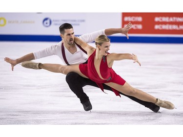 Madison Hubbell and Zachary Donohue of the United States perform their rhythm dance in the ice dance competition at Skate Canada International in Laval, Que., on Friday, Oct. 26, 2018.