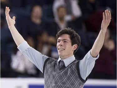 Canada's Keegan Messing reacts following his short program in the men's competition at Skate Canada International in Laval, Que. on Friday, October 26, 2018.