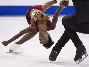 Vanessa James and Morgan Cipres of France perform their short program in the pairs competition at Skate Canada International in Laval, Que. on Friday, October 26, 2018.