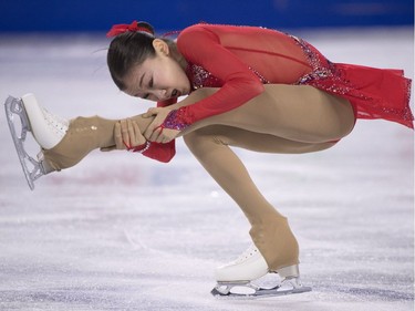 Elizabet Tursynbaeva of Kazakstan performs her free program in the women competition at Skate Canada International in Laval on Saturday, Oct. 27, 2018.