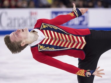 Alexander Samarin of Russia performs his free program in the men's competition at Skate Canada International in Laval on Saturday, Oct. 27, 2018.