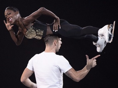 Pairs gold medalists Vanessa James and Morgan Cipress of France perform in the closing gala at Skate Canada International in Laval on Sunday, Oct. 28, 2018.