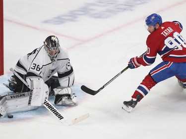 Tomas Tatar sees his shot blocked by Los Angeles Kings goaltender Jack Campbell during first-period NHL action in Montreal on Thursday, Oct. 11, 2018.