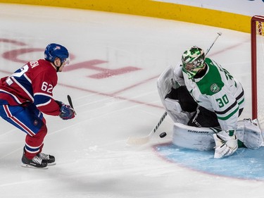Left wing Artturi Lehkonen was stopped by Dallas Stars goaltender Ben Bishop on the penalty shot in the second period at the Bell Centre on Tuesday, Oct. 30, 2018.