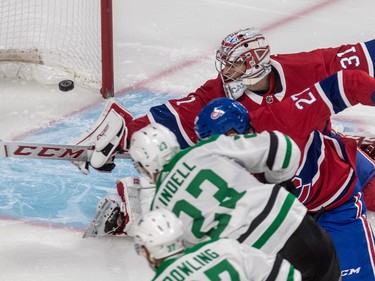 Carey Price can only watch as Dallas Stars defenseman Esa Lindell  scores during the second period at the Bell Centre on Tuesday, Oct. 30, 2018.