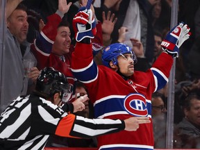 Tomas Plekanec celebrates after scoring in first-period action against the Detroit Red Wings in Montreal on Monday, Oct. 15, 2018. It was Plekanec's 1,000th NHL game.