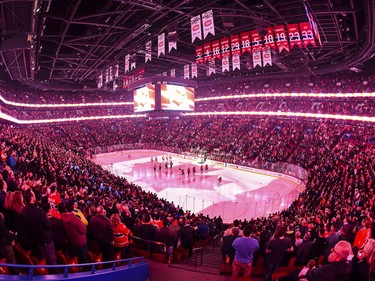 A view of the Bell Centre during the singing of the national anthems before the game between the Montreal Canadiens and the Detroit Red Wings on Monday, Oct. 15, 2018.