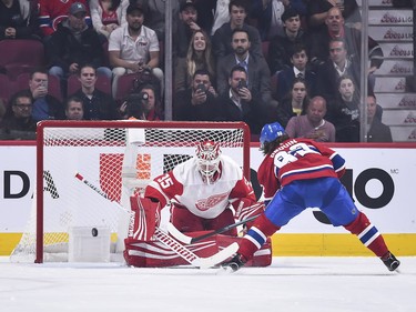 Jonathan Drouin scores on a penalty shot goal in the first period on Jimmy Howard of the Detroit Red Wings at the Bell Centre Oct. 15, 2018.
