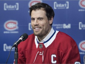 Canadiens defenceman Shea Weber meets with the media during a news conference at the Bell Sports Complex in Brossard on Oct. 1, 2018, after being named captain of the team.