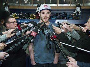 The Canadiens’ Andrew Shaw speaks to reporters  at the Bell Sports Complex in Brossard on April 9, 2018 after the team failed to make the NHL playoffs.