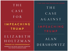 This combination of book covers released by Hot Books shows "The Case for Impeaching Trump," by Elizabeth Holtzman, left, and Alan Dershowitz's "The Case Against Impeaching Trump." Holtzman's publication is part of a wave of books inspired by ongoing debate about President Trump and allegations such as collusion with the Russians during his 2016 campaign. Holtzman's book is being published as a response to Alan Dershowitz's book. (Hot Books via AP)