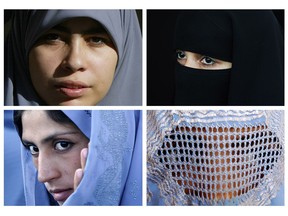 Muslim women wearing (from top left), a hijab, niqab, chador and burka.