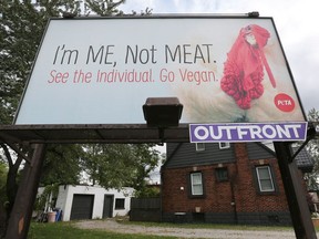 A PETA sponsored billboard is shown on Huron Church Road in Windsor on Tuesday, October 2, 2018. The Thanksgiving themed sign says "I'm ME, Not MEAT. See the Individual. Go Vegan".