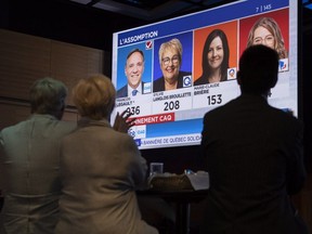 Coalition Avenir Québec supporters watch the election results on a giant screen in Quebec City. CTV was first to call a CAQ victory — at 8:08 p.m.