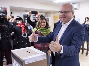 PQ Leader Jean-Francois Lisée reacts after dropping his ballot in the box Oct. 1, 2018.