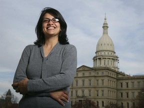 In this Nov. 6, 2008, file photo, Rashida Tlaib, a Democrat, is photographed outside the Michigan Capitol in Lansing, Mich. The Michigan primary victory of Tlaib, who is expected to become the first Muslim woman and Palestinian-American to serve in the U.S. Congress, is rippling across the Middle East.