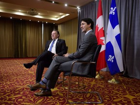 Prime Minister Justin Trudeau meets with Premier-designate of Quebec François Legault in Yerevan, Armenia on Thursday, Oct. 11, 2018.