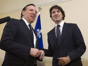 Back in 2013, CAQ Leader Francois Legault meets federal Liberal Leader Justin Trudeau.