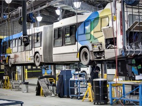A bus gets fixed at the STM Stinson Transport Centre in Montreal.