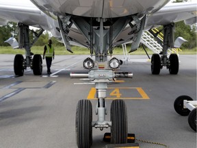 The landing gear of a CS 100 at Bombardier in Montreal in 2016.
