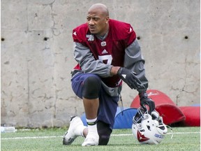 Alouettes' John Bowman watches practice in Montreal on Aug. 22, 2018.