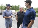 Former Canadiens captain Max Pacioretty (right) and current Canadiens forward Jonathan Drouin (left) chat with player agent Allan Walsh during the Jonathan Drouin Charity Golf Tournament on September 6, 2018 in Terrebonne.  Walsh is the agent for both players.