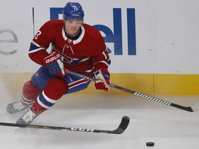 Montreal Canadiens left-wing Max Domi makes a quick change of direction against the Detroit Red Wings in Montreal on Oct.15, 2018.