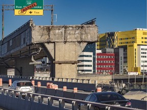 A former exit ramp at the Turcot Interchange work site in late October with the McGill University Health Centre in the background.
