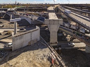 A view looking south of the tangled old and new roadwork at the Turcot Interchange worksite in Montreal.