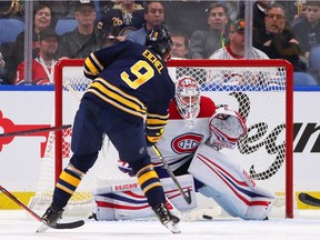 Antti Niemi of the Montreal Canadiens makes save against Jack Eichel of the Buffalo Sabres during the third period at the KeyBank Center on Oct. 25, 2018 in Buffalo.