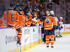 The Edmonton Oilers’ Ryan Nugent-Hopkins celebrates a goal against the Canadiens during the third period of NHL game at Rogers Place in Edmonton on Nov. 13, 2018.