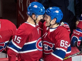 Canadiens centre Jesperi Kotkaniemi is congratulated by teammate Andrew Shaw  at the end of the game at the Bell Centre in Montreal on Nov. 1, 2018. Kotkaniemi scored two goals in a 6-4 win over the Washington Capitals.