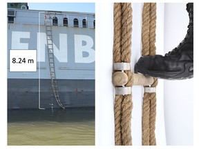 Photos provided by the Transportation Safety Board show a Jacob's ladder on the Amazoneborg, and a demonstration of how little space is available for a foothold while the ladder rests flat against a ship's hull.