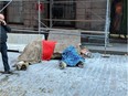 A calèche horse lies down after having collapsed on St-Jean St., near St-Sacrament St. in Old Montreal on Sunday, Nov. 4, 2018.