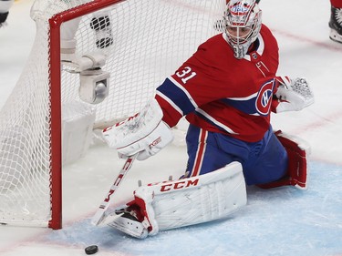 Carey Price blocks shot during second-period  action in Montreal on Thursday, Nov. 8, 2018.