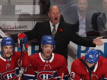 Coach Claude Julien argues with the referee following protest against Buffalo Sabres' Vladimir Sobotka goal during first period in Montreal on Thursday, Nov. 8, 2018.