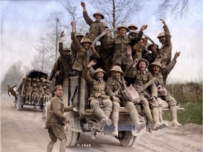 The photos collected in They Fought in Colour represent all aspects of Canada's involvement in the First World War. In this image, Canadian soldiers return from Vimy Ridge.