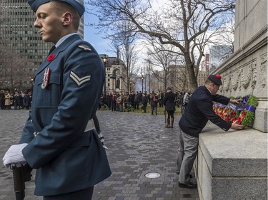MWO Retired Volker Kock payed a wreath commemorating 100 years of sacrifice not forgotten during Remembrance Day activities at Place du Canada in Montreal on Sunday, Nov. 11, 2018.