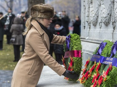 Minister of Tourism Mélanie Joly placed a wreath at the Cenotaph at Place du Canada in Montreal on Sunday, Nov. 11, 2018, during Remembrance Day activities.