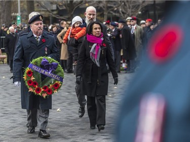 Mayor Valérie Plante placed a wreath at the Cenotaph at Place du Canada in Montreal on Sunday, Nov. 11, 2018 during Remembrance Day activities.