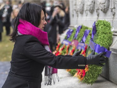 Mayor Valérie Plante places a wreath at the Cenotaph at Place du Canada in Montreal on Sunday, Nov. 11, 2018, during Remembrance Day ceremonies. The Cenotaph commemorates the First and Second World Wars and Korean War.