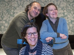 Caitlin Murphy, director (sitting), Sarah Constible (playing Nora) and Oliver Becker (playing Torvald) in A Doll's House, Part 2 at the Segal Centre.